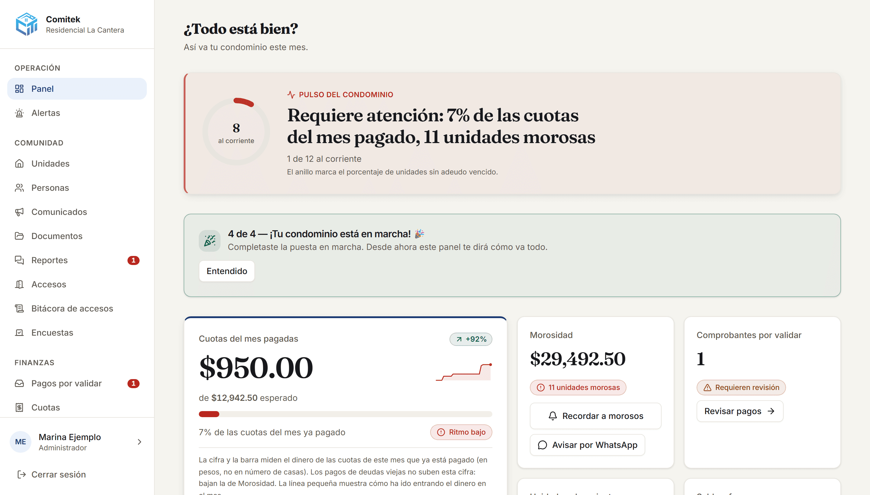 Panel de administración de Comitek: recaudación del mes, morosidad, comprobantes por validar y unidades al corriente